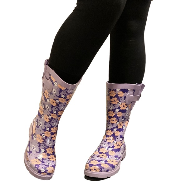 Women Rain Boots, 11" Mid-Calf Purple Flower Rubber - Picture 6 of 6